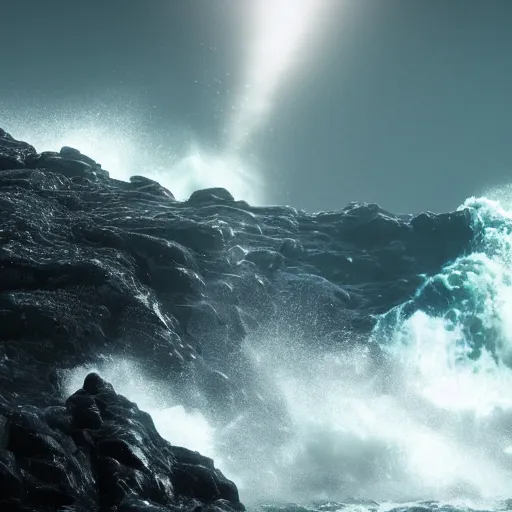 Image similar to photograph with stylish lens effect, stylistic lighting, 1 9 8 0's sci - fi style, extremely epic, hyppereality, weta digital, octane render, a giant towering man in black evil pope robes floating above crashing dramatic ocean waves with sea foam and sea spray along a rocky coast, cinema 4 d, volumetric lighting