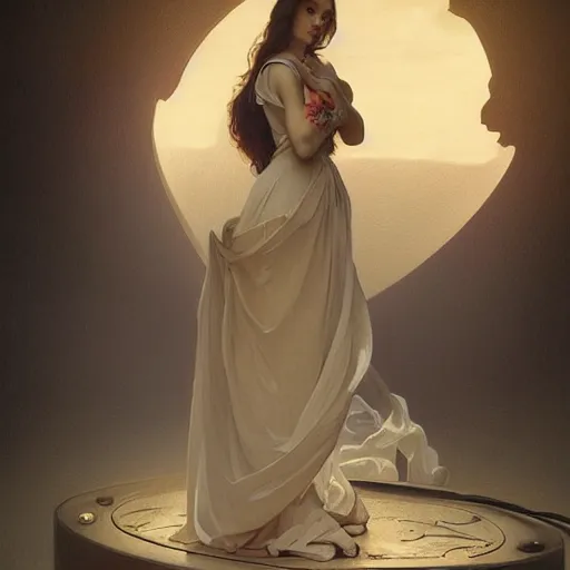 Image similar to “a beautiful girl in a baroque dress standing near ford mustang. neon light, cinematic lighting, intricate, elegant, highly detailed, digital painting, artstation, sharp focus, illustration, art by artgerm and greg rutkowski and alphonse mucha and Wayne Barlowe and william-adolphe bouguereau ”