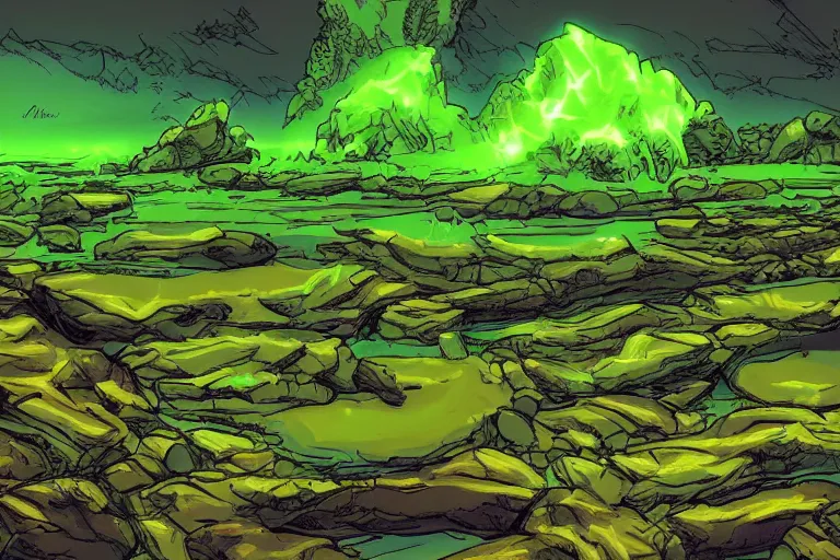 Image similar to glowing green rocks, toxic sludge, like where the hulk would live, landscape, comic book art style