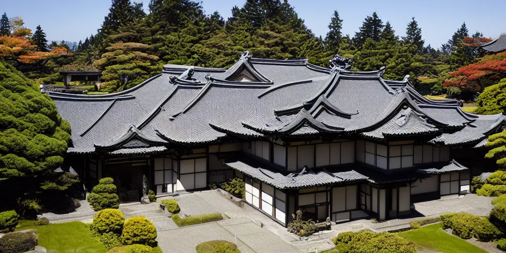 Image similar to large residence, japanese style, flared japanese black tile roof, cascadian, elegant