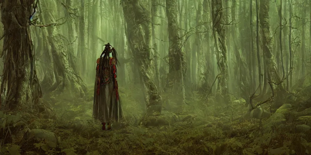 Prompt: a single femal forest shaman stands alone in the forest, wicca symbols dnd, green patterned clothes with stitched magical symbols, by bayard wu