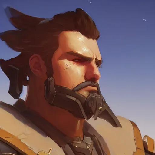 Image similar to very detailed masterpiece painting of reinhardt from overwatch in a desert, closeup, portrait, artstation, concept art by greg rutkowski