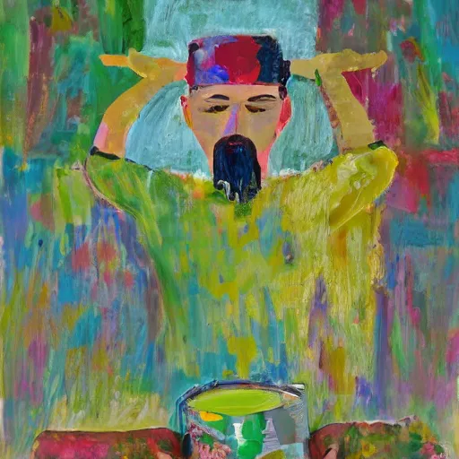 Image similar to man pouring water on head, flowers are in a pot on his head, the pot is part of his head, abstract expressionism, oil on canvas