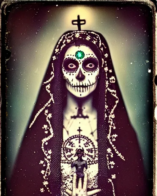 Image similar to tintype virgin mary in dia de muertos dress and makeup high quality photo, microchip, artificial intelligence, bio - mechanical bio - luminescence, black wired cables, neurons, nerve cells, cinematic, rim light, photo - realistic, high detail, 8 k, masterpiece, high fashion, in the style of steven meisel dora maar h. r. giger