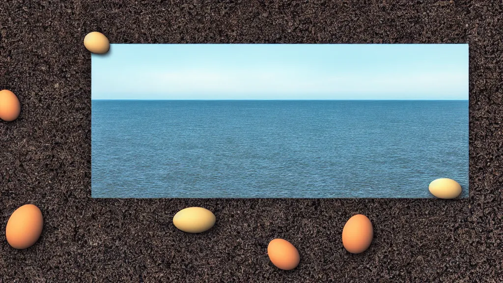 Image similar to a highly detailed, realistic photo of Galveston Bay, the ground is completely filled with eggs, intricate, 8k highly professionally detailed, HDR