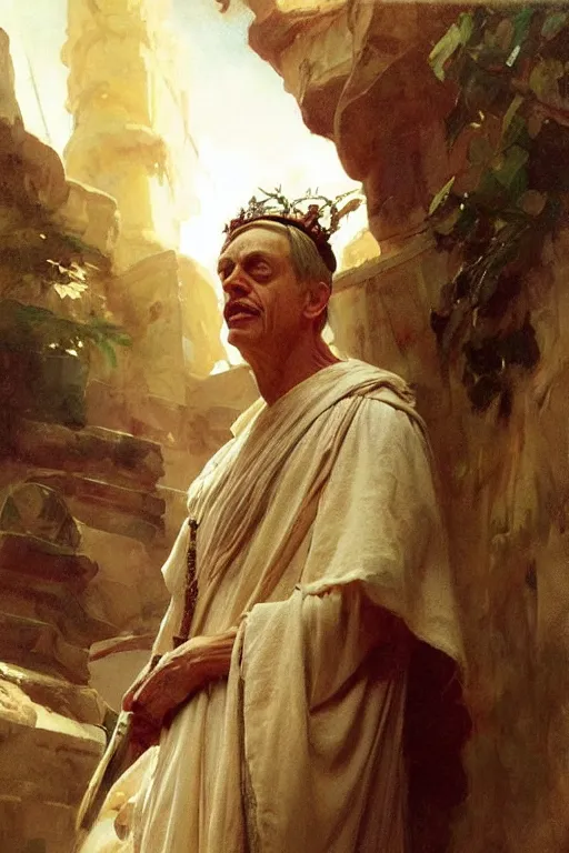 Prompt: ancient roman steve buscemi ascending wearing the civic crown, art by anders zorn, wonderful masterpiece by greg rutkowski, beautiful cinematic light, american romanticism by greg manchess, jessica rossier