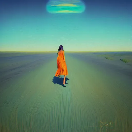 Image similar to portrait, giant dahlia flower head, girl walking between dunes, surreal photography, sunrise, blue sky, dramatic light, impressionist painting, digital painting, artstation, simon stalenhag