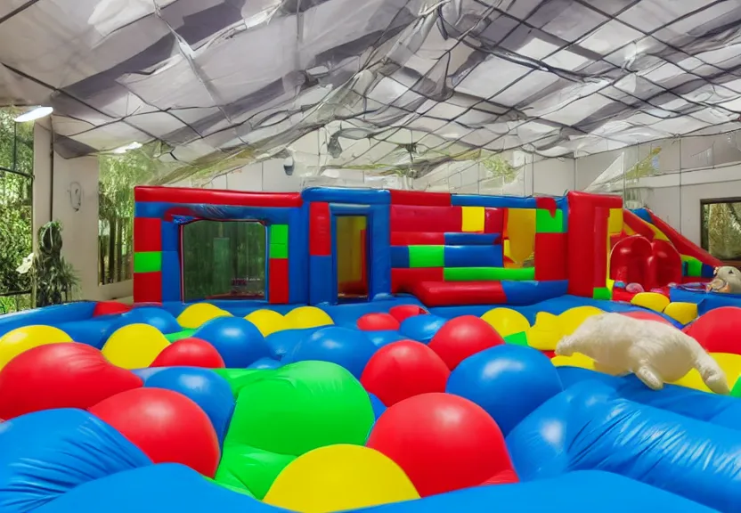 Image similar to A bouncy house with a ball pit and a black trampoline inside a big empty room with light coming through windows