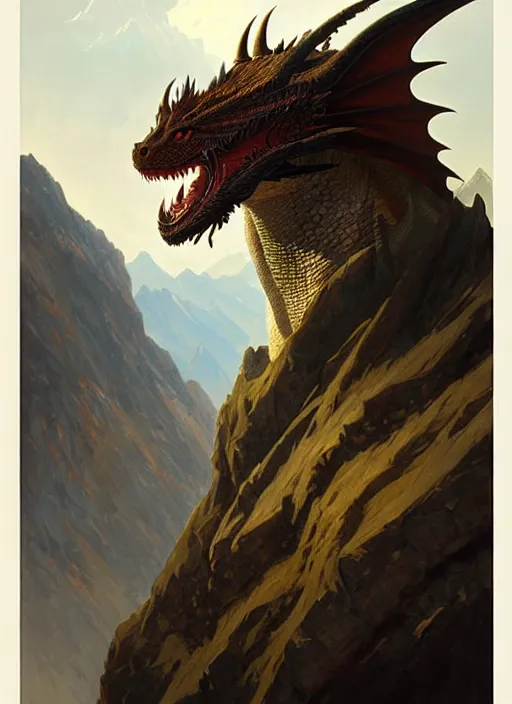 Image similar to ''face portrait of beautiful dragon, furry, mountain landscape, fantasy, d & d, sharp focus, detailed, digital painting, art by greg rutkowski and alphonse mucha''