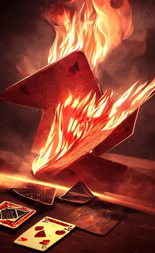 Prompt: a king of diamonds card on fire, with black and red paint in the back ground, ambient lighting, atmospherical, stunning visuals, cinematic, dynamic lighting, photorealistic fantasy concept art, trending on art station, ultra detailed