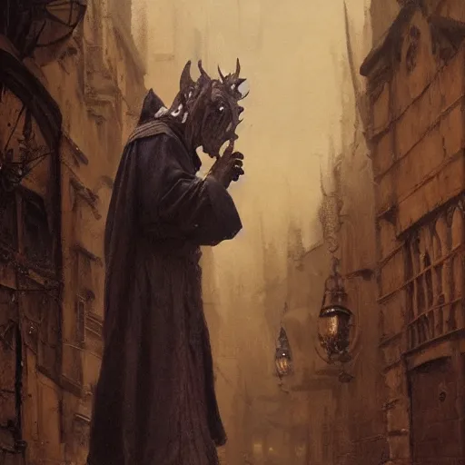 Image similar to a demonic old man stands in the middle of a medieval street and turns into something terrible, close - up, painting by gaston bussiere, craig mullins, j. c. leyendecker, 4 k, 8 k, trending on artstation, artstationhd, artstationhq, highest detail