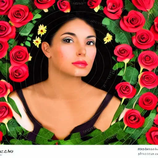 Image similar to beautiful tan mexican woman, full body, dancing in a field of roses and many other exotic flowers, prominent rosy cheek bones, black hair and brown eyes, monet and da vinci art style,