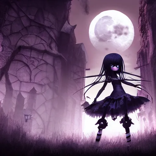 Image similar to full shot of angry darkness cute anime girl at moonlight, gothic wearing, inspired by Tim Burton, Norihiro Yagi, Marc Simonetti, Amano, Juri Misaki, detailed, unreal engine 4k volumetric light, fog,