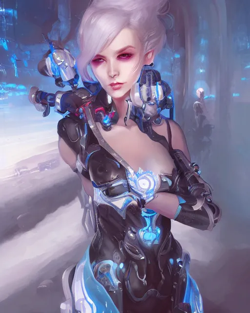 Image similar to holy cyborg necromancer girl, elegant, scifi, futuristic, utopia, garden, illustration, atmosphere, top lighting, blue eyes, white hair, beautiful, artstation, highly detailed, art by yuhong ding and chengwei pan and serafleur and ina wong