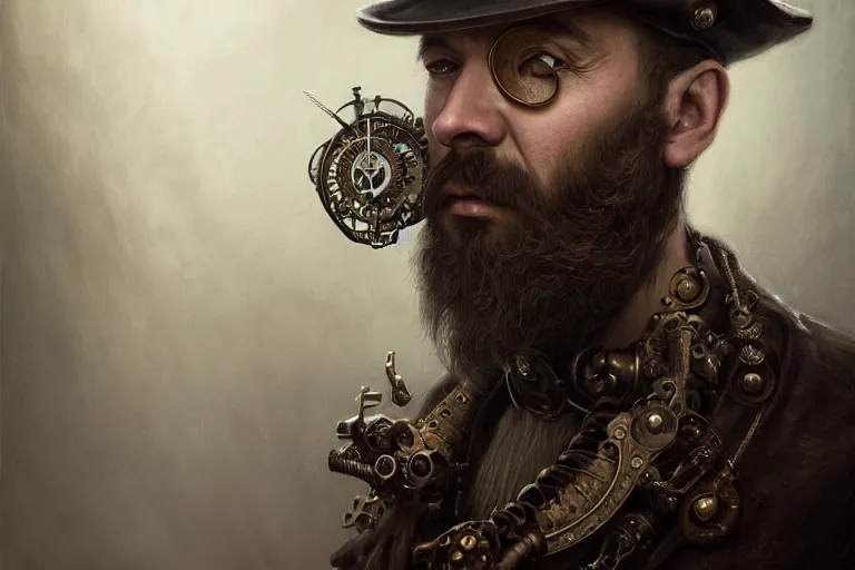 Image similar to portrait of a steampunk bearded king, grim - lighting, high - contrast, intricate, elegant, highly detailed, centered, digital painting, artstation, concept art, smooth, sharp focus, illustration, artgerm, tomasz alen kopera, peter mohrbacher, donato giancola, joseph christian leyendecker, wlop, boris vallejo