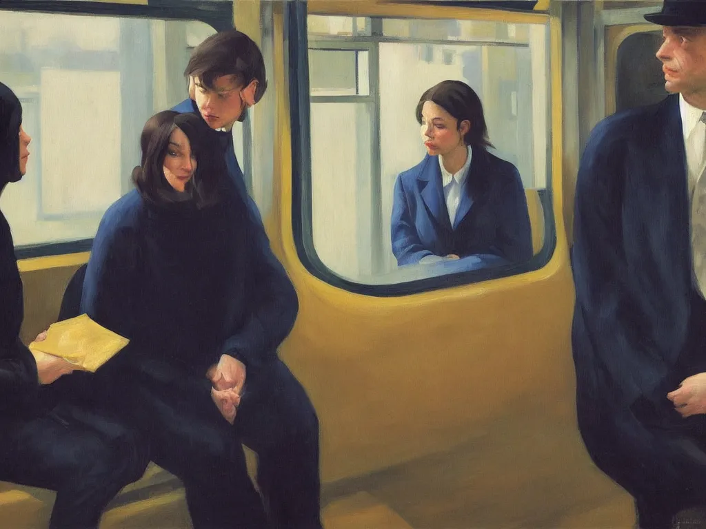 Image similar to an oil painting by Edward Hopper, 3/4 low angle view wide shot of two people sitting in an empty Chicago subway train, in front of windows: a sad Aubrey Plaza in a parka and a friendly Mads Mikkelsen in a suit