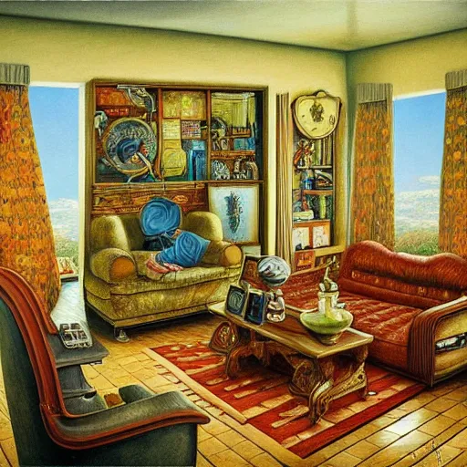 Image similar to a painting of a living room filled with furniture, a surrealist painting by jacek yerka, cgsociety, fantastic realism, surrealist, detailed painting