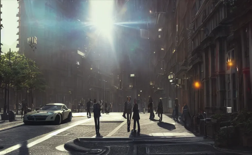 Image similar to photorealistic blame! city streets. daylight. sunlight. lens flare. light fixtures. 8K. detailed. photorealism. artstation, ghibli. 25mm f/1.7 ASPH Lens. ultra realistic