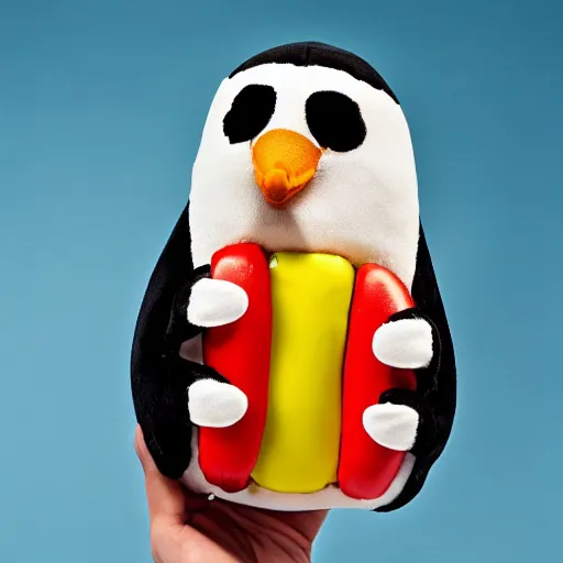 Image similar to A penguin plush holding a hotdog. Beautifully made, detailed, cute, soft. High quality, studio lighting, product image