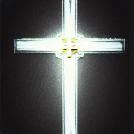 Prompt: vhs static overlay of the cross, angel apparitions, vhs, 1 9 9 0, highly realistic, highly detailed, vhs noise static, black and white, vhs glitch