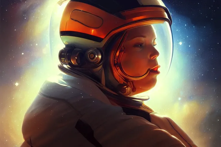 Image similar to Portrait of an astronaut reflective visor reflecting a nebula in space, portrait, elegant, intricate, digital painting, artstation, concept art, smooth, sharp focus, illustration, art by artgerm and greg rutkowski and alphonse mucha