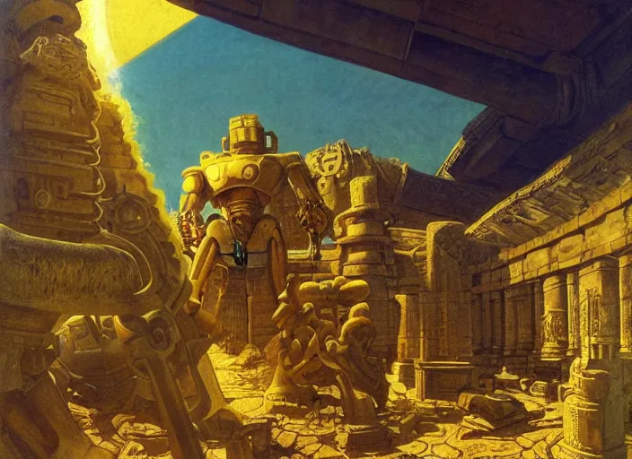 Prompt: a big robot!!! discovers the ruins of a partly submerged temple to the elder gods, golden hour, dramatic lighting, fluid, smooth, bright, colours, high contrast, sharpness, very detailed, intricate, by hildebrandt brothers, frazetta, giorgio de chirico and botticelli