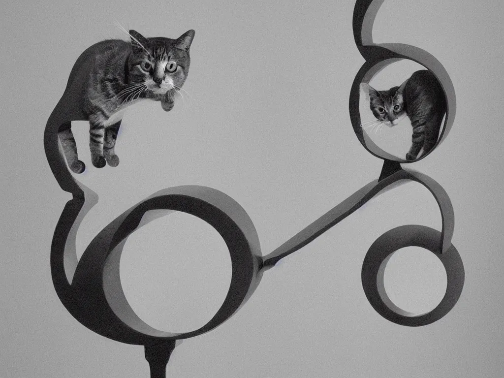 Image similar to cat hanging on hyper-dimensional impossible geometric object, low detail, highly abstract, vivid, a little bit touch of M. C. Escher