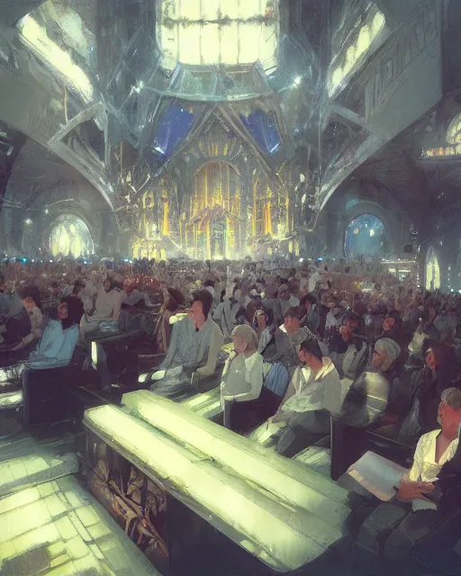 Image similar to craig mullins and ghibli digital illustration of a crowd in a futuristic church, priest, pews, ethereal, inviting, bright, photorealistic, wide shot