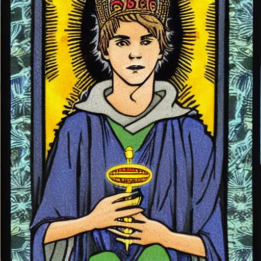 Prompt: Justin Bieber in Thoth tarot deck, style of Lady Frieda Harris, 4K