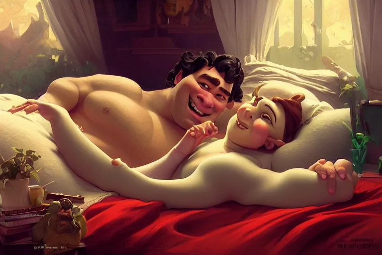 Image similar to pushkin and shrek lying in bed together, portrait, highly detailed, digital painting, artstation, concept art, smooth, sharp focus, illustration, cinematic lighting, art by artgerm and greg rutkowski and alphonse mucha