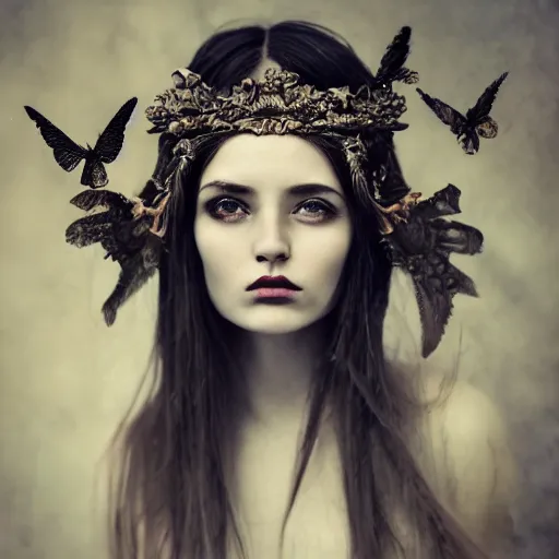 Image similar to a portrait of female model by anka zhuravleva and peter kemp, dark fantasy, ornate headpiece, dark beauty, photorealistic, canon r 3,