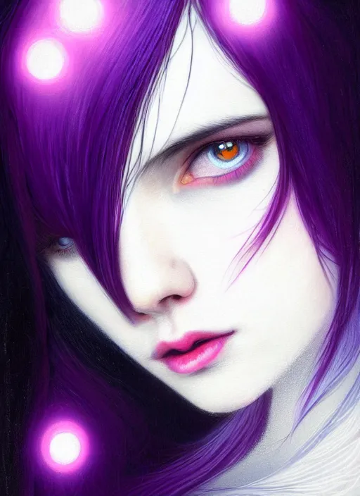 Image similar to portrait of teenage girl with white bangs, red irises, black hair, purple clothes, white bangs, bangs are different color from hair, intricate, front of hair is white rest is black, elegant, glowing lights, highly detailed, digital painting, artstation, concept art, smooth, sharp focus, illustration, art by wlop, mars ravelo and greg rutkowski