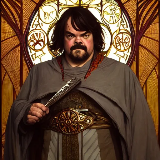 Image similar to full portrait of jack black as king friday, fantasy, d & d, intricate, detailed, by by alphonse mucha, adolfo hohenstein, alice russell glenny, stanley artgerm lau, greg rutkowski, detailed, trending on artstation, trending on artstation, smooth