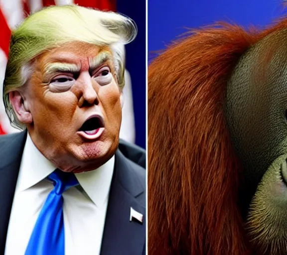 Prompt: donald trump and orangutan hybrid, white house press conference, ap news photo