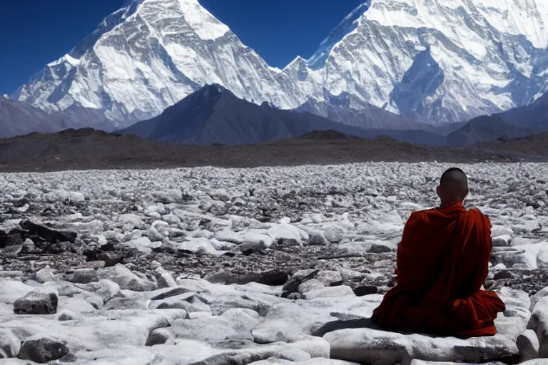 Prompt: cinematography a monk meditating in front of Mount Everest by Emmanuel Lubezki