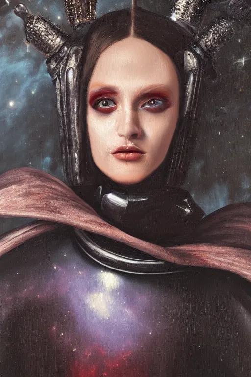 Image similar to hyperrealism oil painting, close - up portrait of european medieval brunette vampire fashion model, knight, steel gradient mixed with nebula sky, in style of baroque