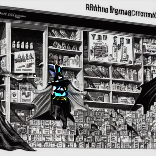 Image similar to batman robbing a drugstore, detailed, intricate,