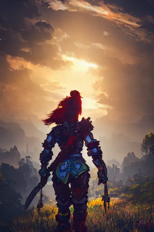 Image similar to combination suit armor aloy horizon forbidden west horizon zero dawn radiating a glowing aura global illumination ray tracing hdr fanart arstation by ian pesty and alena aenami artworks in 4 k tribal robot ninja mask helmet backpack