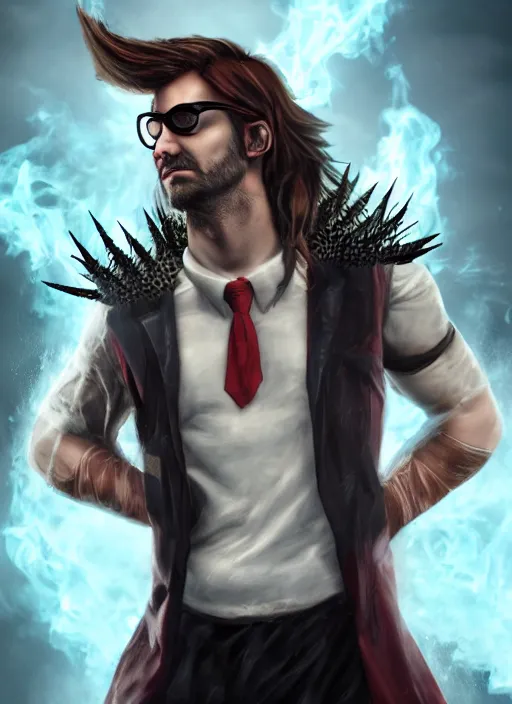 Image similar to An epic fantasy comic book style portrait painting of young man with red spiked long hair, using googles. Wearing a black waistcoat, white shirt. Fire on his hands. Unreal 5, DAZ, hyperrealistic, octane render, cosplay, RPG portrait, dynamic lighting