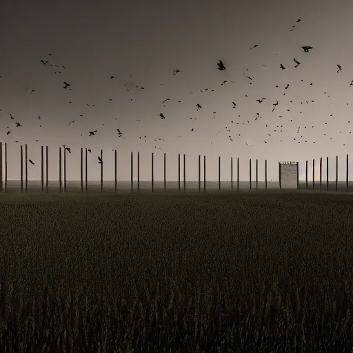 Prompt: an endless very tall wall, in a field, birds, dystopian, grim, dark, full frame camera, 1 9 9 0 s, award - winning photograph, octane render, 4 k