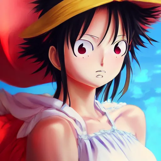 Prompt: realistic anime portrait of luffy as an anime girl by Stanley Artgerm Lau, WLOP, Rossdraws, James Jean, Andrei Riabovitchev, Marc Simonetti, and Sakimichan, trending on artstation