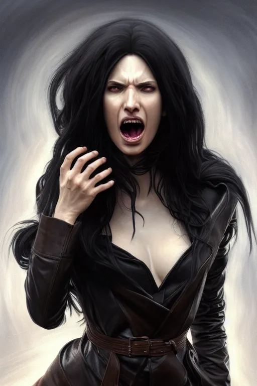 Prompt: portrait of a long black haired woman screaming with here eyes wide open in the style of mass effect, face enhance, masterpiece, leather trench coat, intricate, elegant, highly detailed, digital painting, artstation, concept art, smooth, sharp focus, illustration, art by artgerm and greg rutkowski and alphonse mucha, 8 k