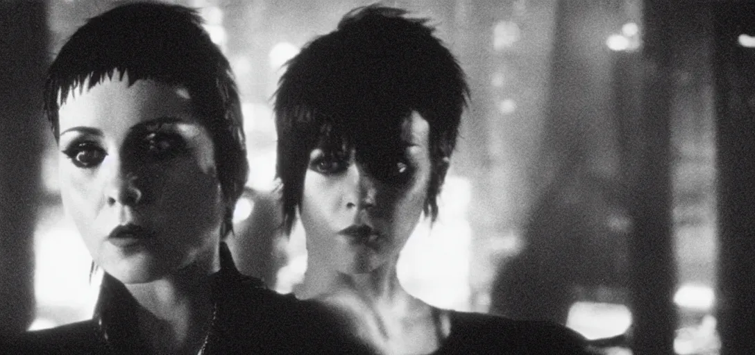 Image similar to a film portrait still of joan jett in blade runner, gritty cyberpunk atmosphere. realism, cinematic lighting, 4 k. 8 mm. grainy. panavision.