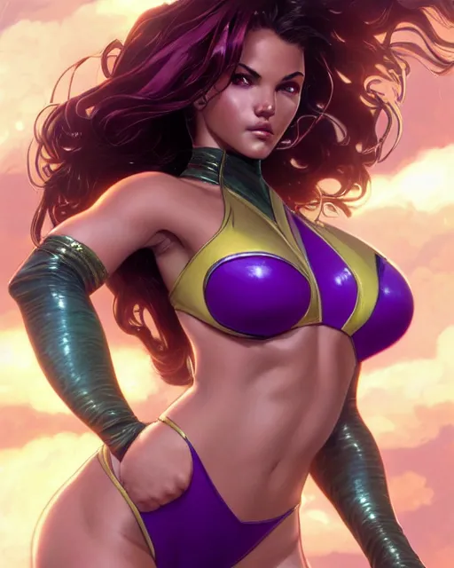 Image similar to ultra realistic illustration, danielle campbell as starfire anime, intricate, elegant, highly detailed, shiny plastic bikini, digital painting, artstation, concept art, smooth, sharp focus, illustration, art by artgerm and greg rutkowski and alphonse mucha and wlop