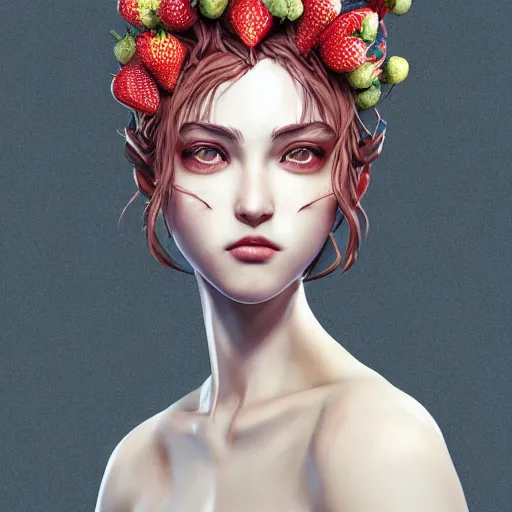 Image similar to the face of an absurdly beautiful, graceful, elegant, sophisticated mature woman of strawberries and white petals with tears, an ultrafine hyperdetailed illustration by kim jung gi, irakli nadar, intricate linework, bright colors, octopath traveler, final fantasy, unreal engine 5 highly rendered, global illumination, radiant light, detailed and intricate environment