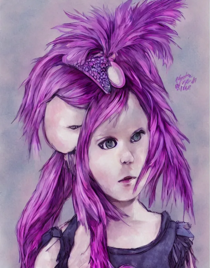 Image similar to little girl with eccentric pink hair wearing a dress made of purple feather, art by dcwj