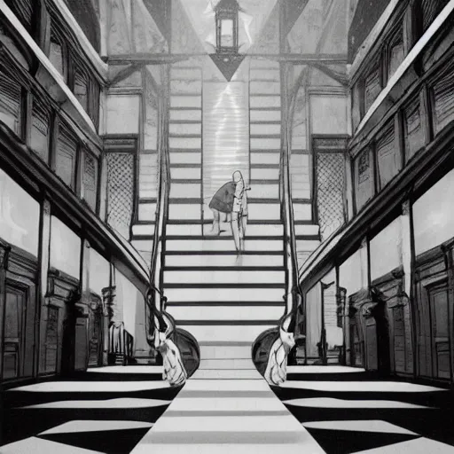 Image similar to a flood of slime in a bright white hallway with many doors and many stairs, Mc Escher architecture, epic composition, by Makoto Shinkai