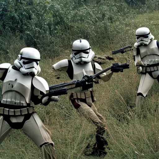 Image similar to star wars clone troopers combat soldiers in vietnam, photo, old picture, lush landscape, jungle, firearms, explosions, helicopters, aerial combat, active battle zone, flamethrower, air support, jedi, land mines, gunfire, violent, star destroyers, star wars lasers, sci - fi, jetpacks, agent orange, bomber planes, smoke, trench warfare