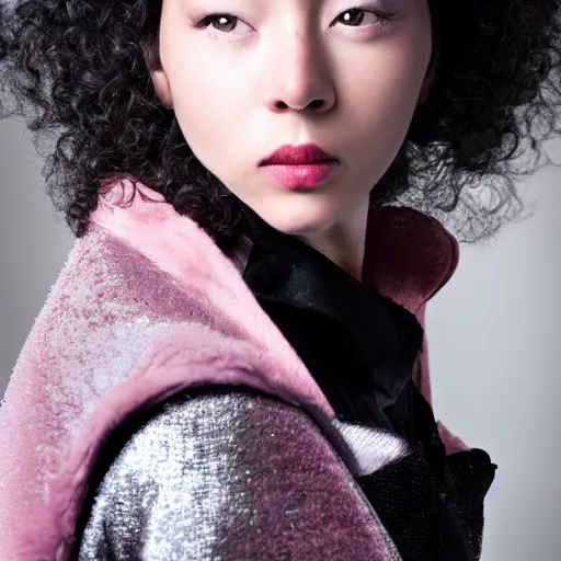 Image similar to female, beautiful, portrait, photograph, looking at viewer, silver pink black jacket,