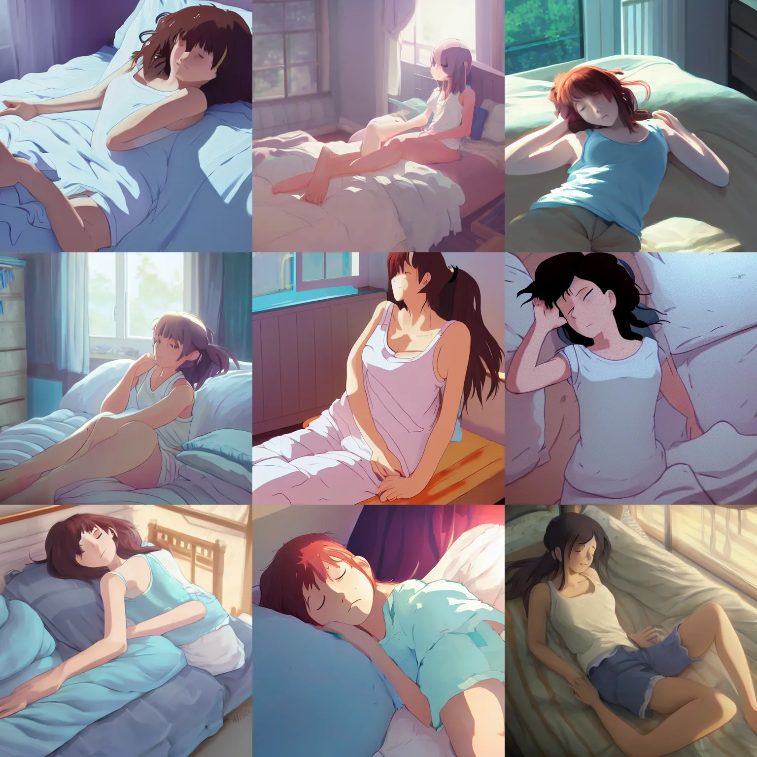Prompt: Full body portrait of a sleepy young woman wearing a tank top waking up in her sunlit bedroom, detailed, artstation, by Kyoto Animation and Studio Ghibli, by Makoto Shinkai